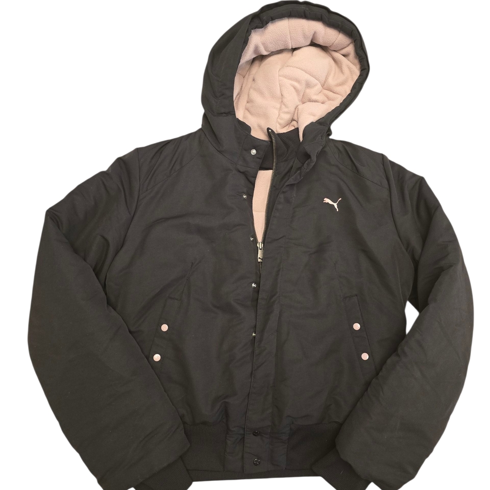 Puma Girls Black/Pink Puffer Hooded Winter Jacket Large Athletic Sporty